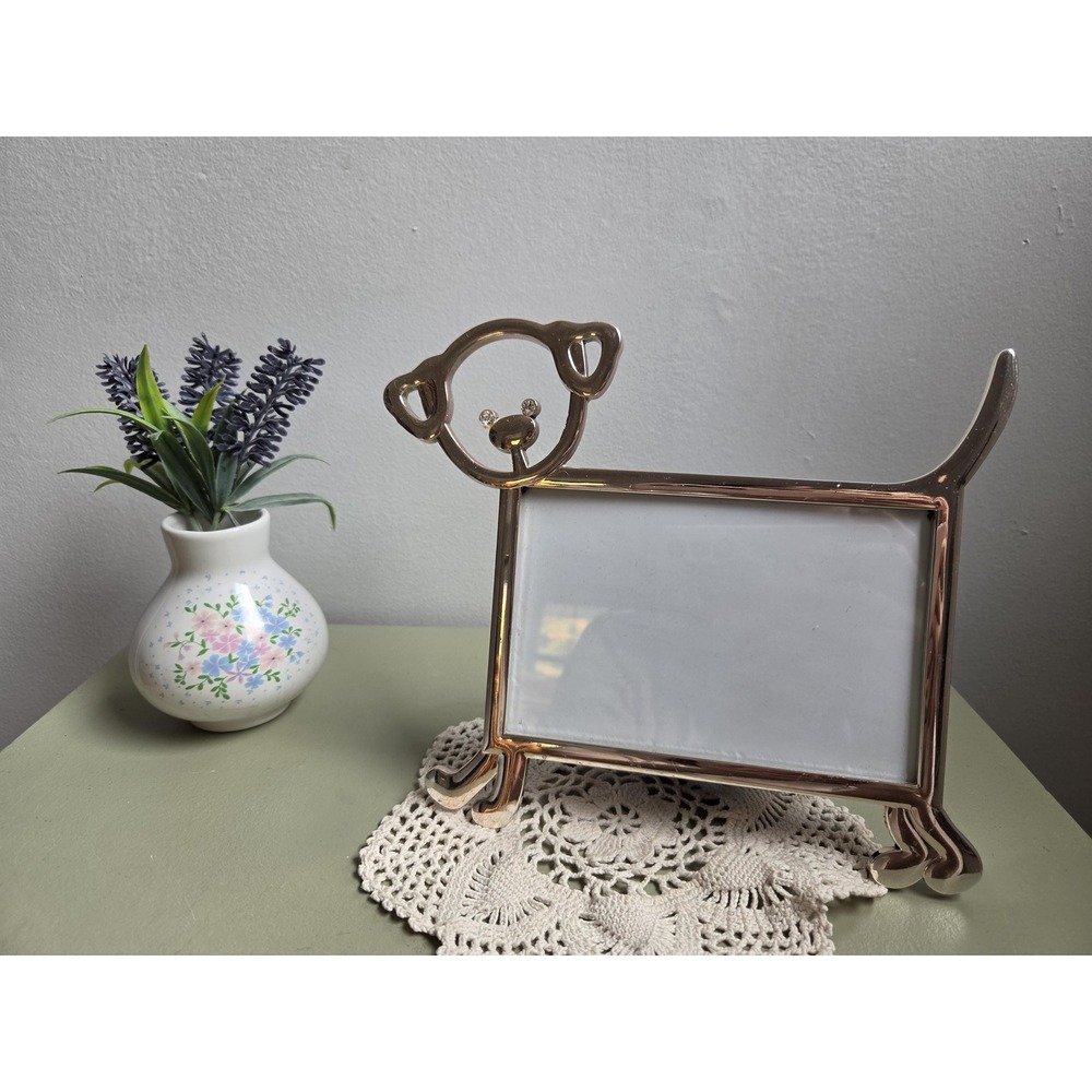 Whimsical Gold Tone Dog Picture Frame Rhinestone Eyes Puppy Photo Holder